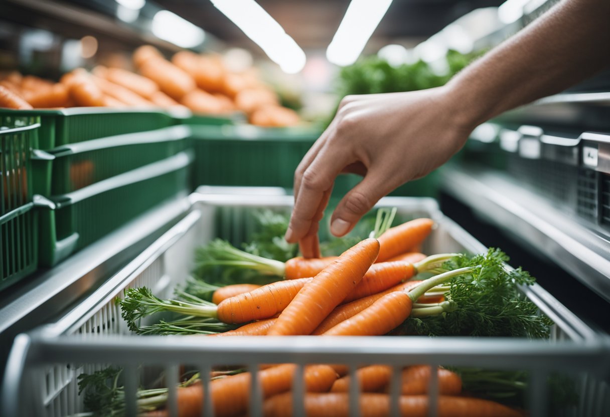 A hand reaching for fresh carrots in a grocery store bin, then placing them in a refrigerator crisper drawer