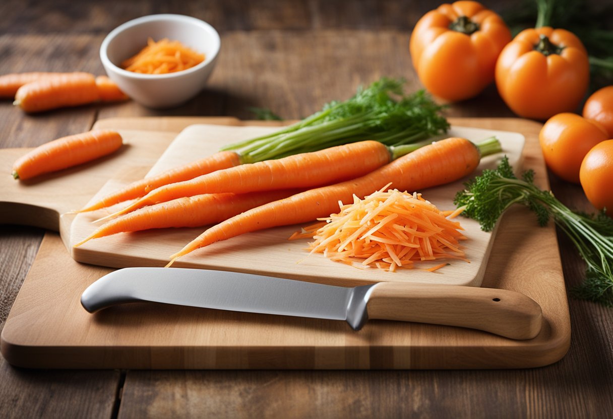 Fresh carrots arranged on a cutting board, with a knife and a bowl of shredded carrots. A recipe book open to a page titled "Nutritional Benefits of Carrots."