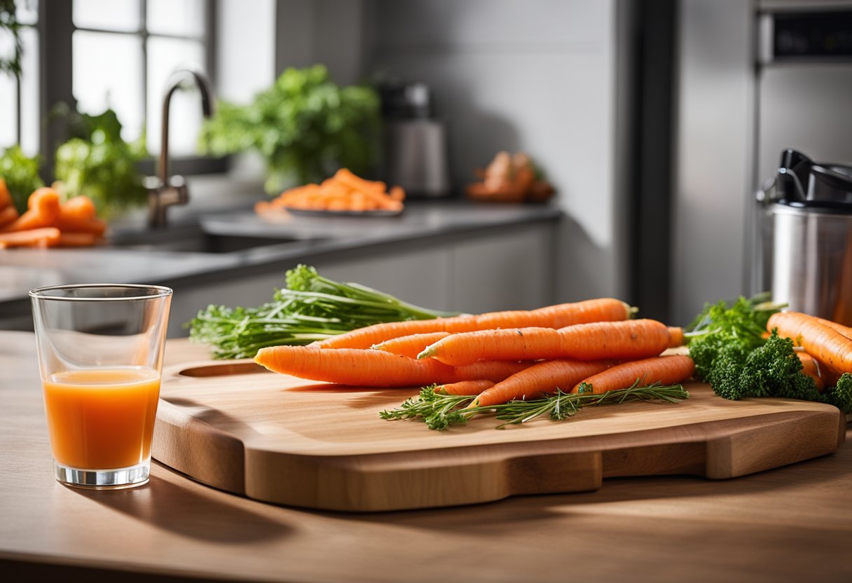 A cutting board with fresh carrots, a juicer, and a glass of carrot juice