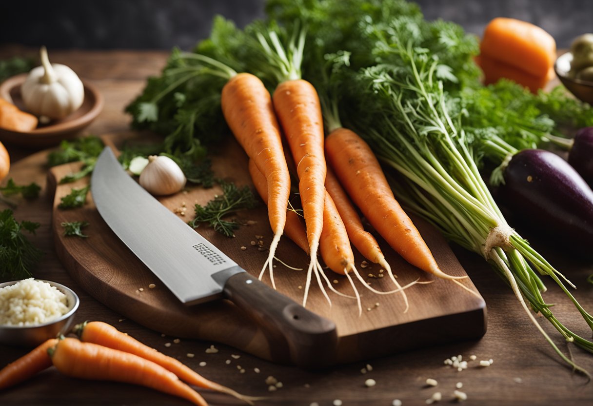 Carrots, arranged in a neat pile, with a cutting board, knife, and various cooking utensils nearby. A recipe book open to a page titled "Top Carrot Recipes" sits next to the ingredients
