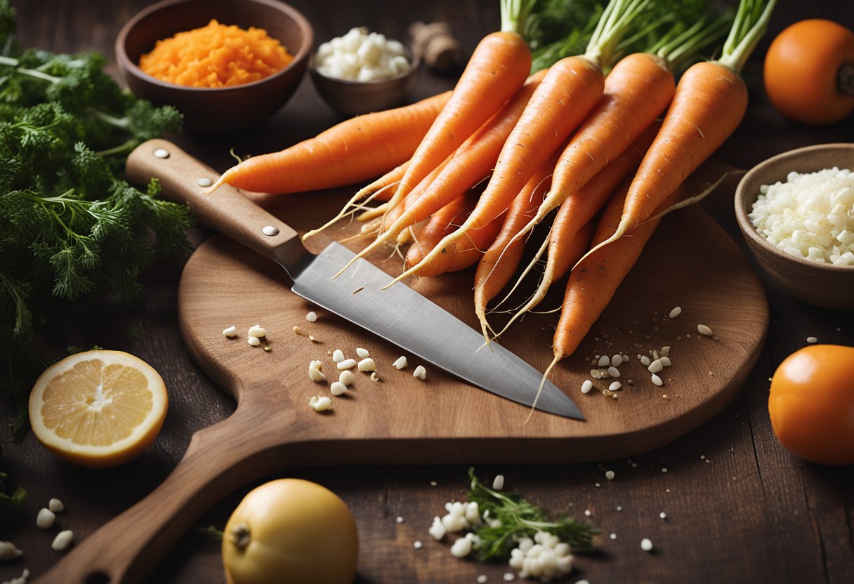 A pile of fresh carrots on a wooden cutting board, surrounded by scattered ingredients and kitchen utensils