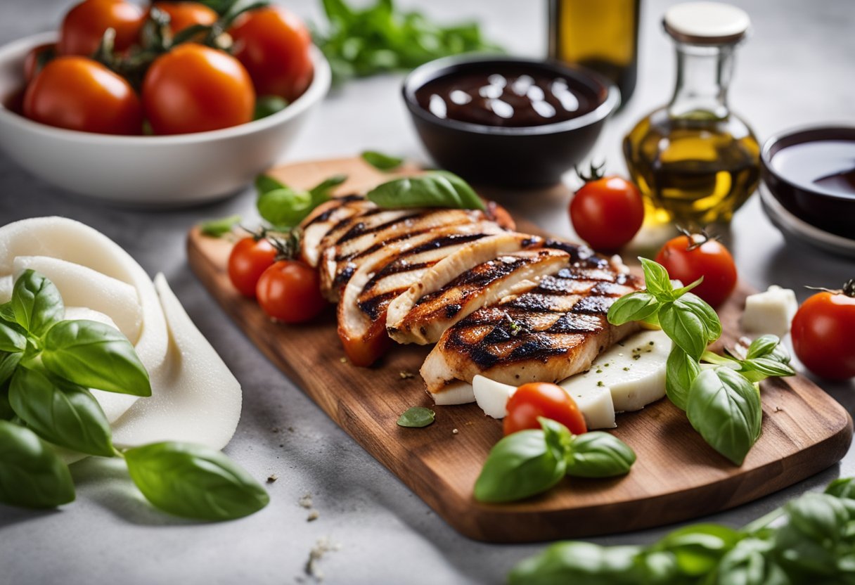 A cutting board with fresh tomatoes, mozzarella, basil, and grilled balsamic chicken. A bottle of balsamic vinegar and olive oil nearby