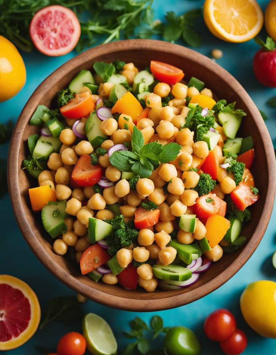 A colorful bowl of chickpea salad surrounded by vibrant tropical fruits and vegetables, with a sprinkling of fresh herbs and a drizzle of tangy dressing