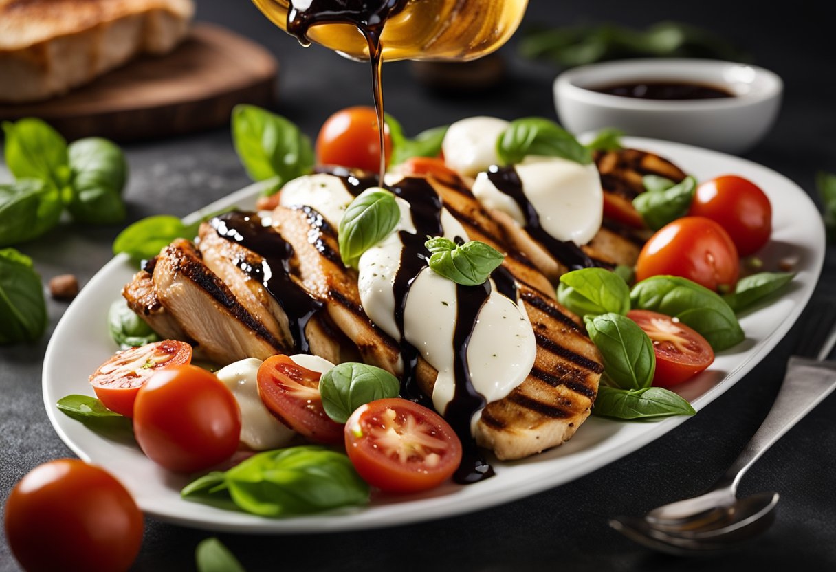 A balsamic chicken caprese salad is being prepared with fresh tomatoes, mozzarella, basil, and grilled chicken drizzled with balsamic glaze