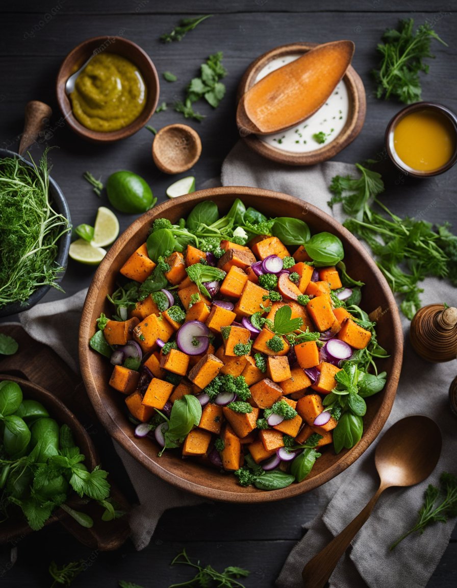 A wooden table with a colorful array of roasted sweet potato salad in a rustic ceramic bowl, surrounded by fresh herbs and a drizzle of vinaigrette
