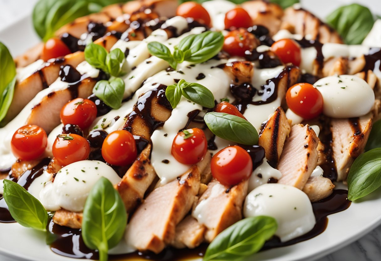 A plate of balsamic chicken caprese salad with fresh tomatoes, mozzarella, basil, and grilled chicken, drizzled with balsamic glaze, served on a white plate