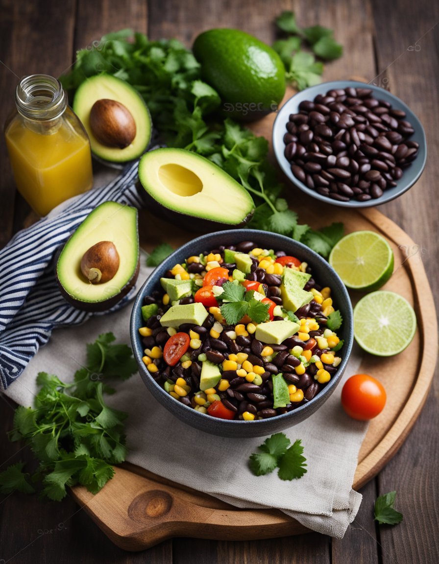 A bowl of black bean corn avocado salad with cumin lime vinaigrette sits on a wooden table, surrounded by fresh ingredients and a colorful napkin