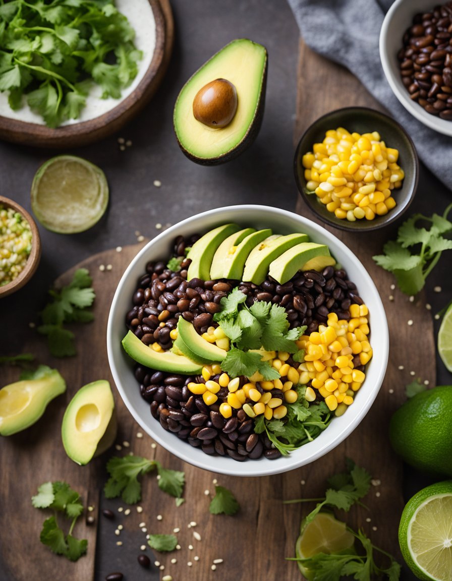 A colorful bowl of black bean, corn, and avocado salad with a drizzle of cumin lime vinaigrette, surrounded by fresh ingredients and a rustic wooden backdrop