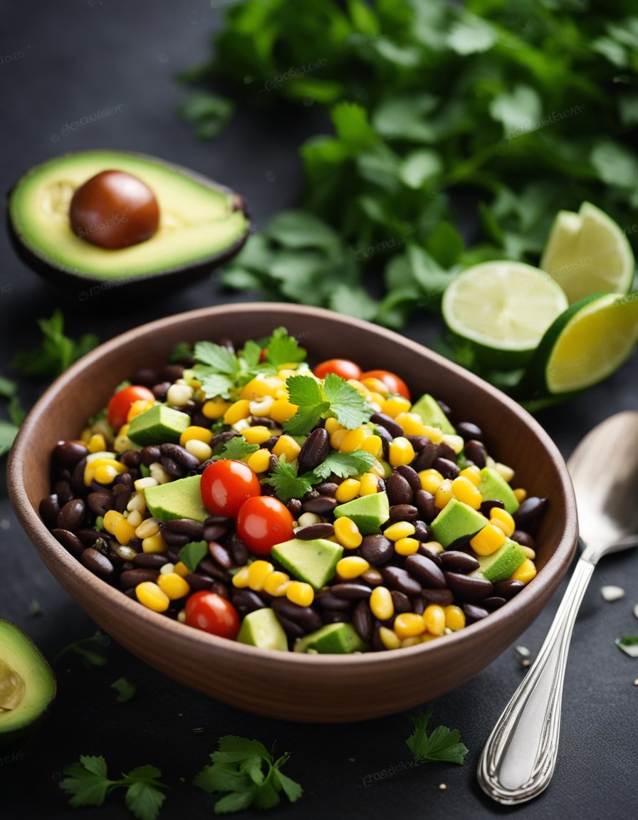 A bowl of black bean, corn, and avocado salad with a drizzle of cumin lime vinaigrette, garnished with cilantro and cherry tomatoes
