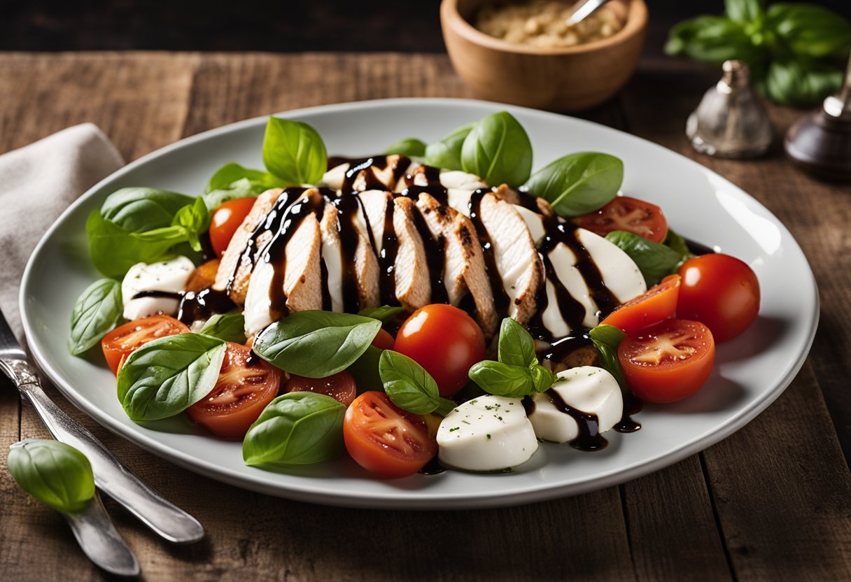A plate of balsamic chicken caprese salad with tomatoes, mozzarella, and basil, drizzled with balsamic glaze, placed on a wooden table with a fork and knife beside it