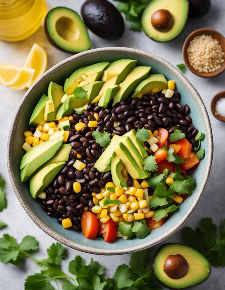 A vibrant bowl of black bean, corn, and avocado salad glistening with cumin lime vinaigrette, surrounded by fresh ingredients and a colorful backdrop