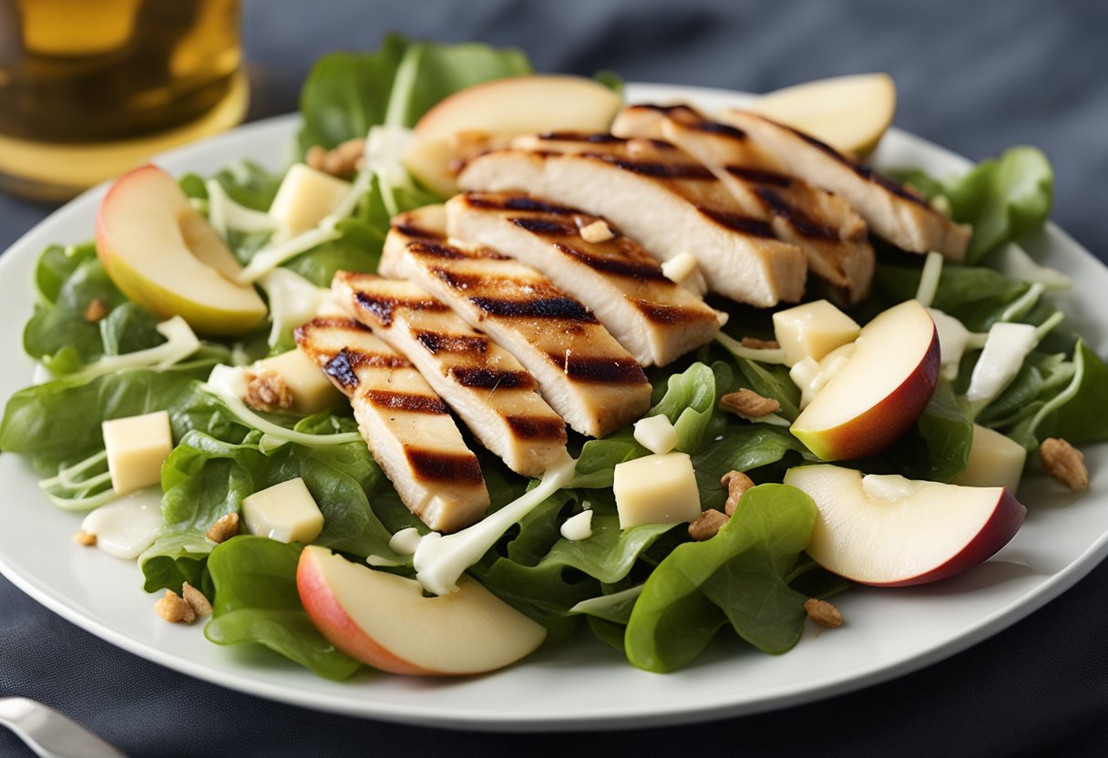 A plate with apple slices, chunks of white cheddar, and grilled chicken on a bed of mixed greens, drizzled with vinaigrette