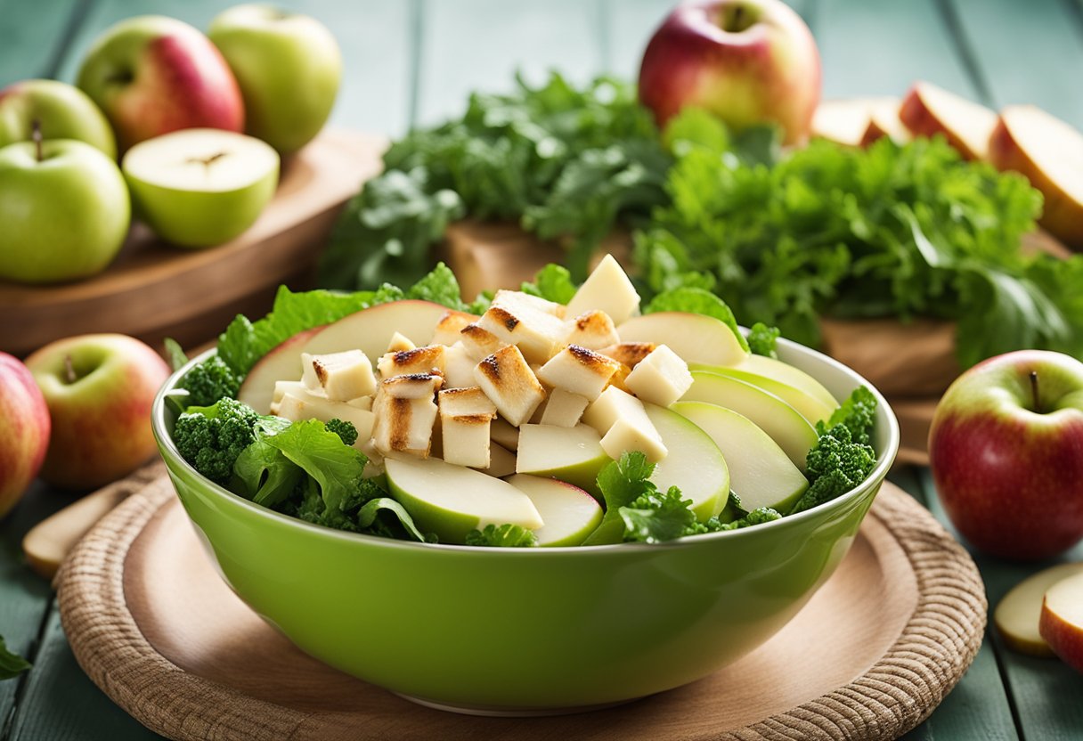 A bowl filled with crisp apple slices, chunks of creamy white cheddar, and juicy grilled chicken, all tossed together in a bed of fresh, vibrant greens