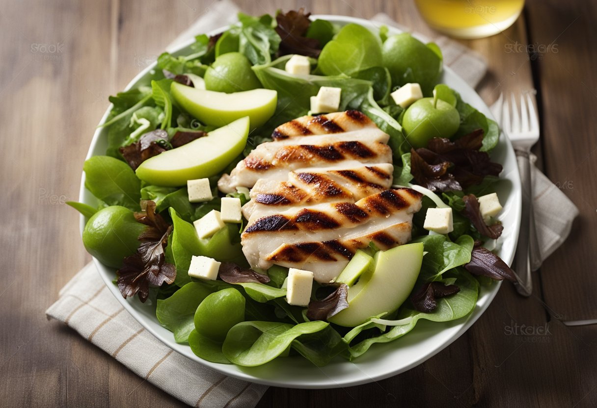 A fresh green apple, slices of white cheddar, and grilled chicken arranged on a bed of mixed greens, with a side of vinaigrette dressing