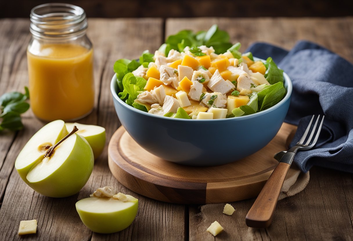 A bowl of apple, cheddar, and chicken salad sits on a wooden table next to a jar of dressing and a fork. Ingredients are neatly arranged with a cloth napkin underneath