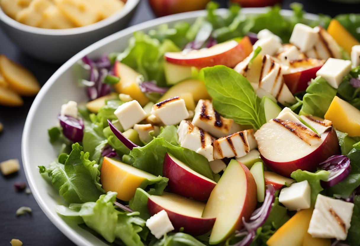 A colorful salad with apple slices, chunks of white cheddar, and grilled chicken arranged in a bowl, with a drizzle of vinaigrette dressing