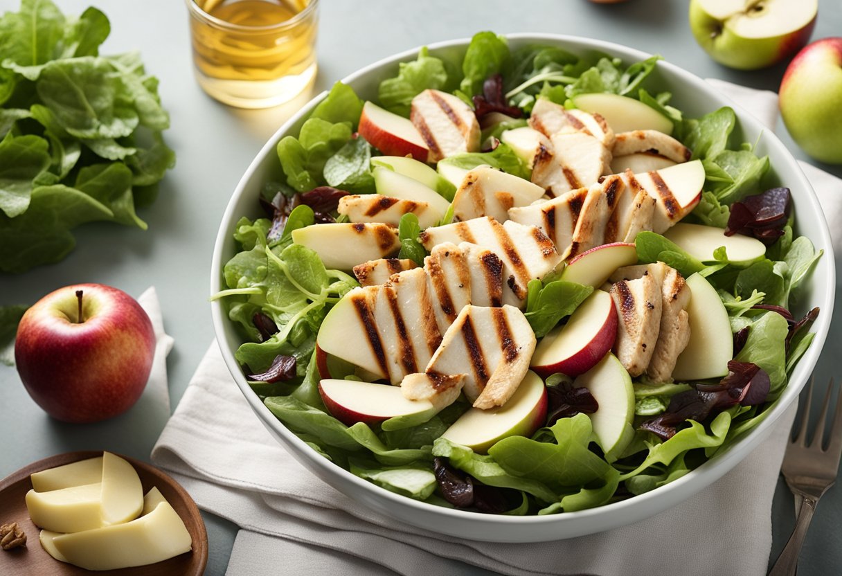 Fresh apple slices, chunks of white cheddar, and grilled chicken arranged on a bed of mixed greens in a large salad bowl