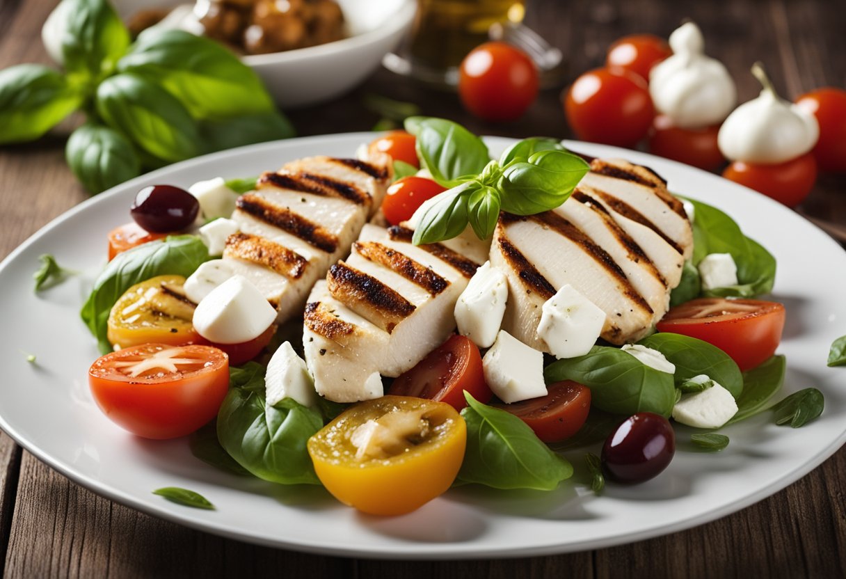 A plate of Pesto Chicken Caprese Salad on a wooden table with fresh basil, cherry tomatoes, mozzarella, and grilled chicken