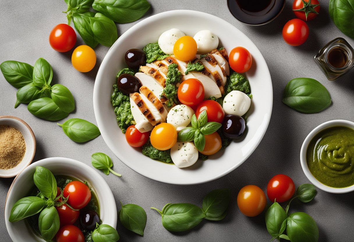 A vibrant bowl holds a colorful mix of pesto-coated chicken, ripe cherry tomatoes, fresh mozzarella, and basil leaves, drizzled with balsamic glaze
