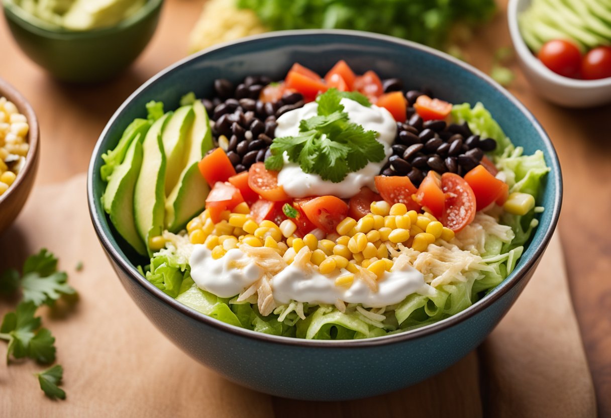 A colorful bowl filled with layers of lettuce, diced tomatoes, shredded chicken, black beans, corn, avocado, and cheese, topped with a dollop of sour cream and a sprinkle of cilantro
