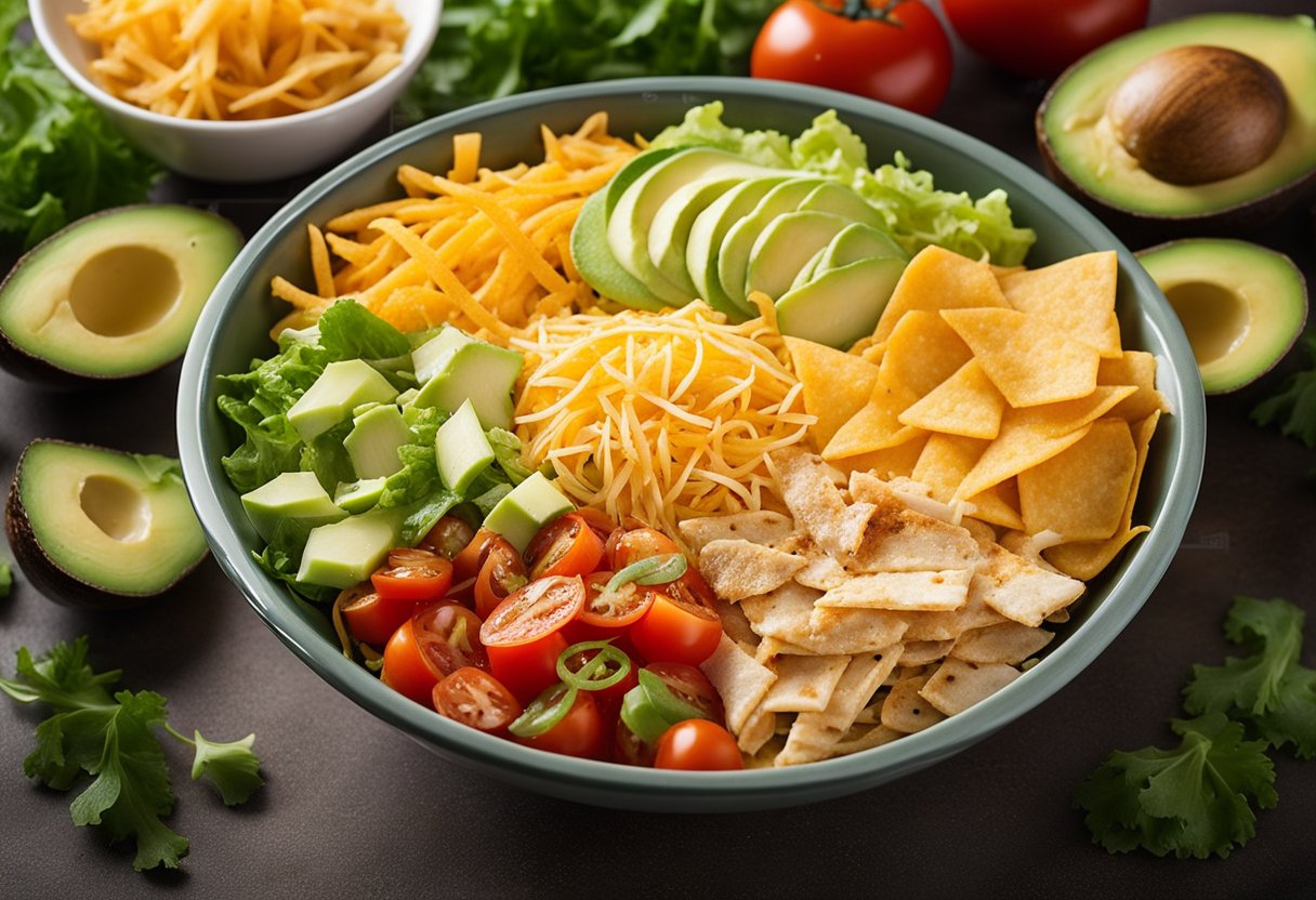 A colorful bowl filled with layers of seasoned chicken, crisp lettuce, juicy tomatoes, creamy avocado, shredded cheese, and crunchy tortilla strips