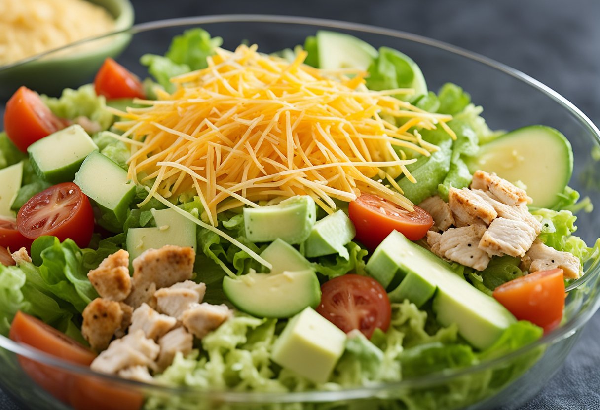 A colorful array of fresh lettuce, diced tomatoes, shredded cheese, seasoned chicken, and creamy avocado dressing arranged in layers in a clear glass bowl