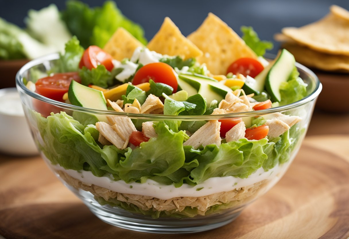 A colorful array of fresh lettuce, juicy tomatoes, creamy avocado, tender chicken, and crunchy tortilla strips layered in a clear glass bowl, with small dishes of zesty salsa and tangy sour cream on the side