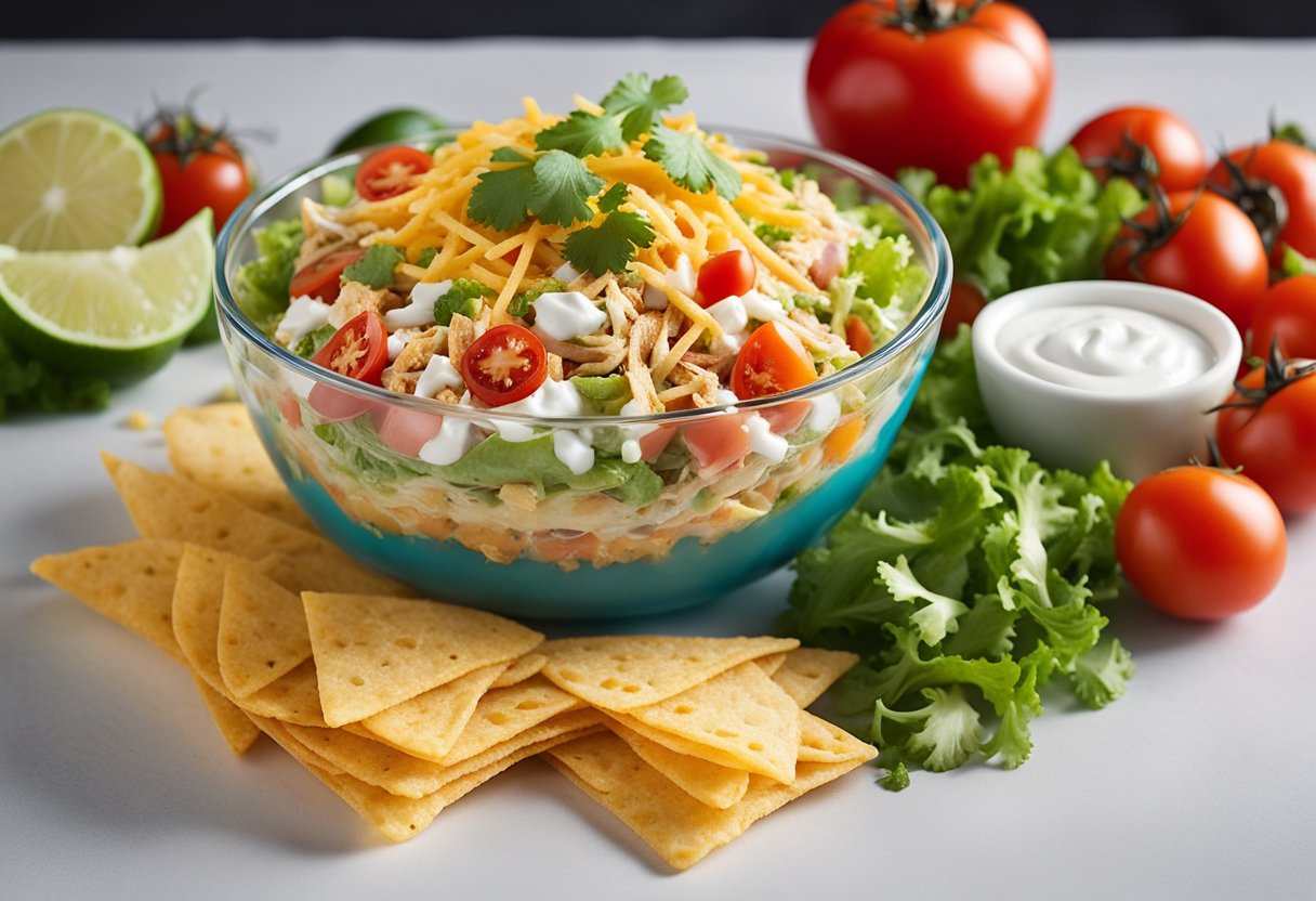A colorful, layered taco salad in a glass bowl, filled with shredded chicken, lettuce, tomatoes, cheese, and tortilla strips, topped with a dollop of sour cream and a sprinkle of cilantro