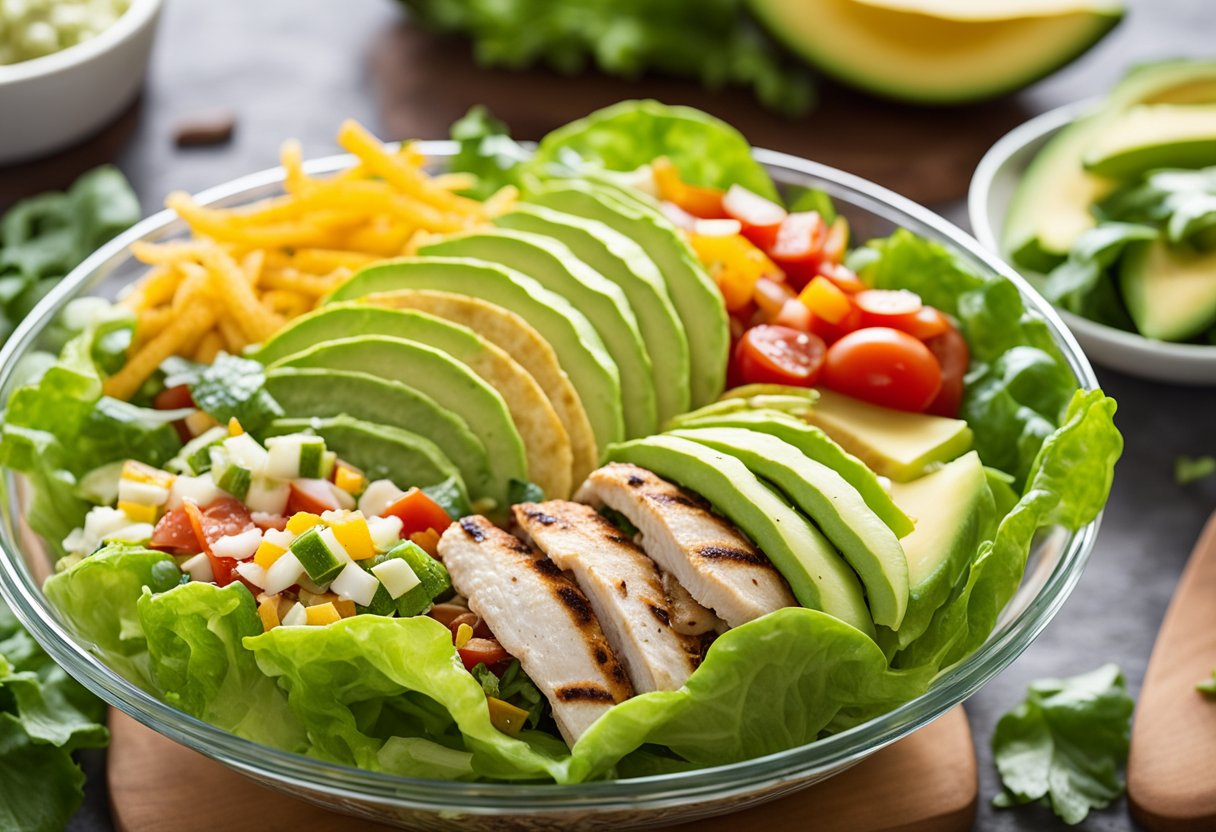A colorful array of fresh lettuce, juicy tomatoes, creamy avocado, tender grilled chicken, crunchy tortilla strips, and zesty salsa, layered in a clear glass bowl, creating a vibrant and appetizing taco salad