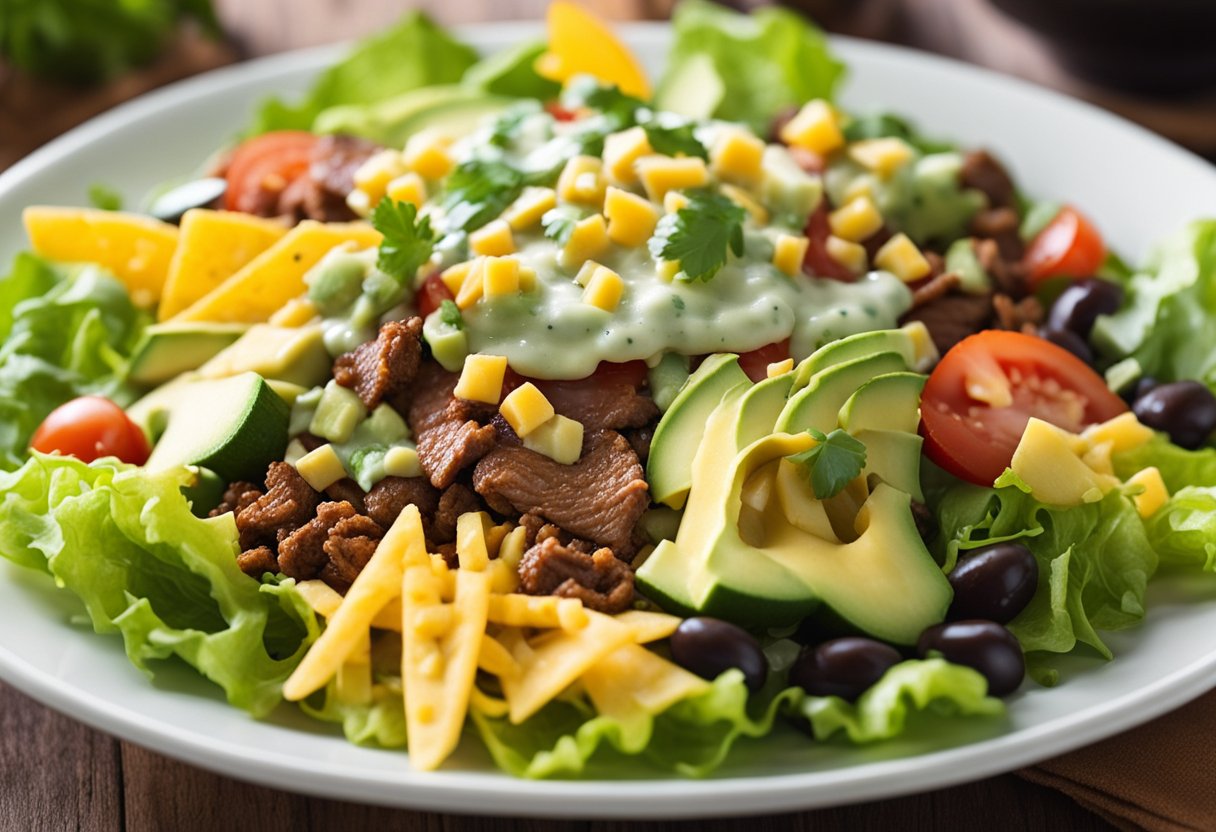 A colorful taco salad with beef, lettuce, tomatoes, cheese, and avocado, topped with a creamy lime cilantro dressing