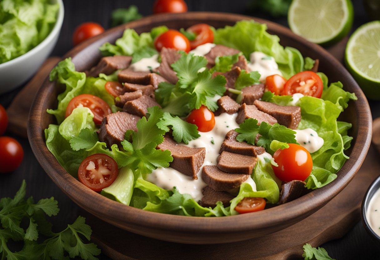 A colorful bowl filled with beef, lettuce, tomatoes, cheese, and creamy dressing. A lime and cilantro garnish adds a pop of green