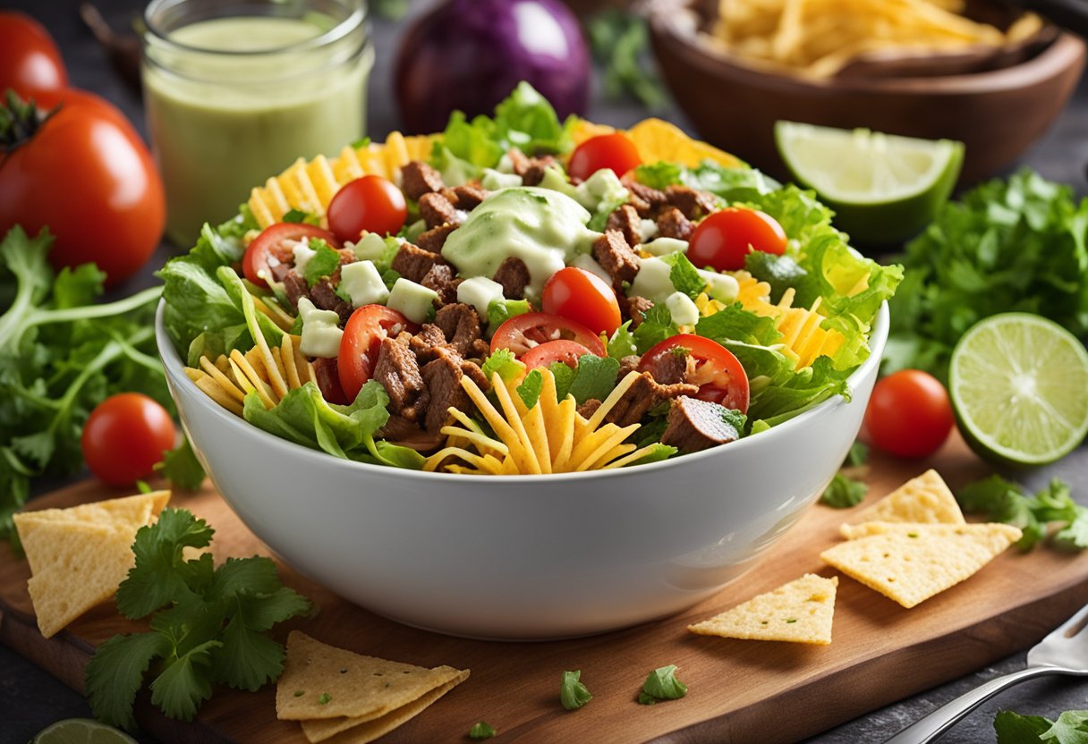 A colorful taco salad with beef, lettuce, tomatoes, cheese, and creamy lime cilantro dressing in a large bowl