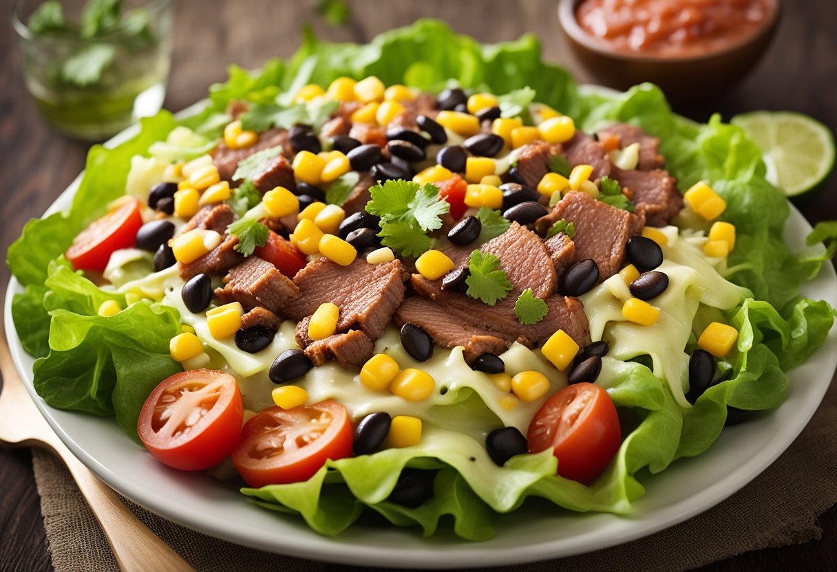 A colorful bowl filled with seasoned beef, lettuce, tomatoes, corn, black beans, and shredded cheese. A creamy lime cilantro dressing drizzled over the top