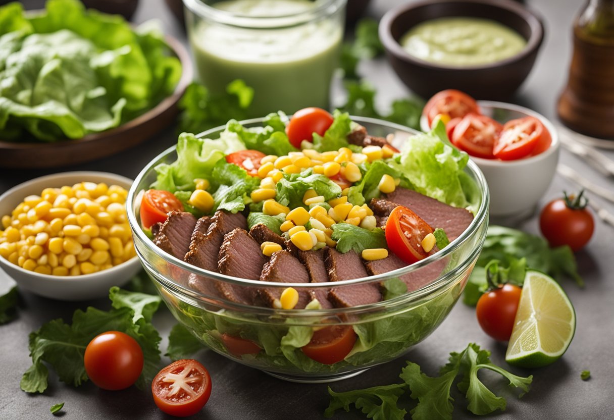 A table set with fresh lettuce, seasoned beef, tomatoes, corn, and a creamy lime cilantro dressing in a clear bowl