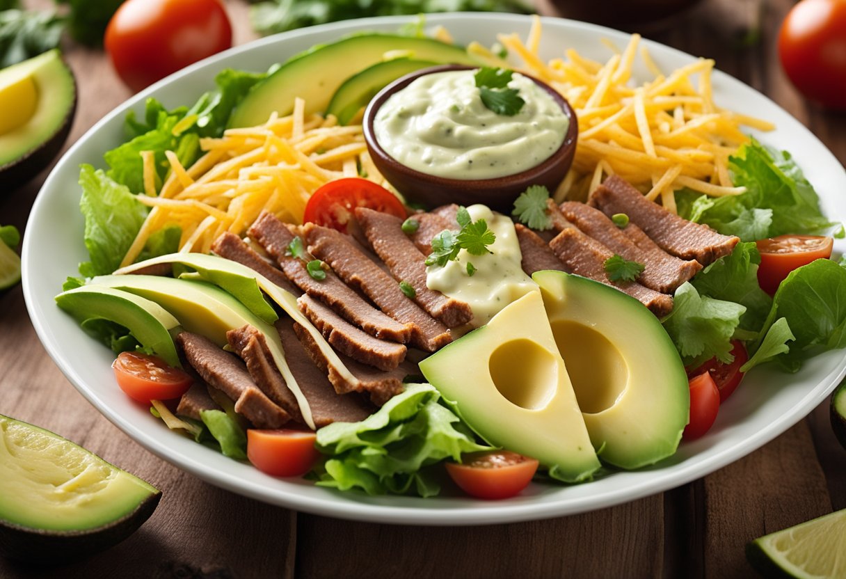 Fresh ingredients arranged in a colorful bowl: seasoned beef, lettuce, tomatoes, cheese, avocado, and tortilla strips. Creamy lime cilantro dressing drizzled on top