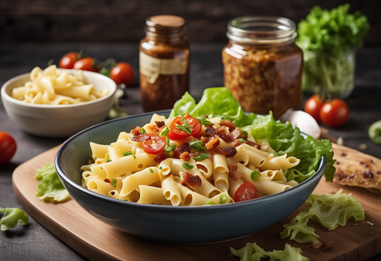 A bowl of cooked pasta, chopped bacon, diced tomatoes, and shredded lettuce arranged on a wooden cutting board, with a jar of mayonnaise and a bottle of balsamic vinaigrette on the side