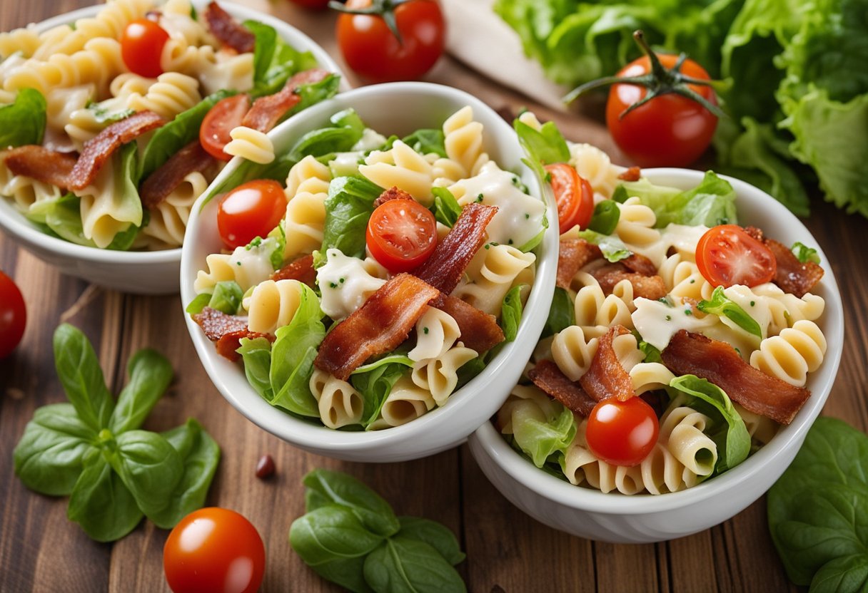 A colorful bowl of BLT pasta salad with crispy bacon, juicy cherry tomatoes, crunchy lettuce, and twirled pasta, drizzled with creamy dressing