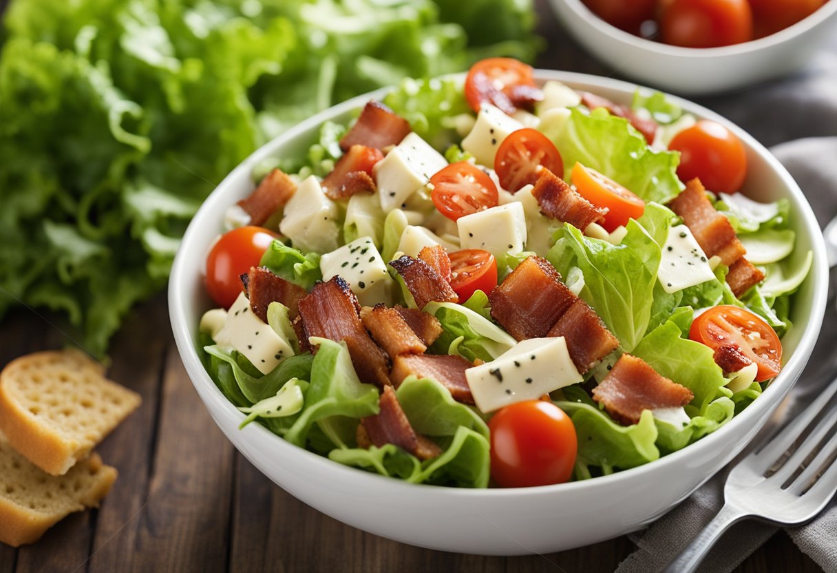 A colorful bowl of BLT pasta salad with crispy bacon, juicy tomatoes, and fresh lettuce, drizzled with creamy dressing