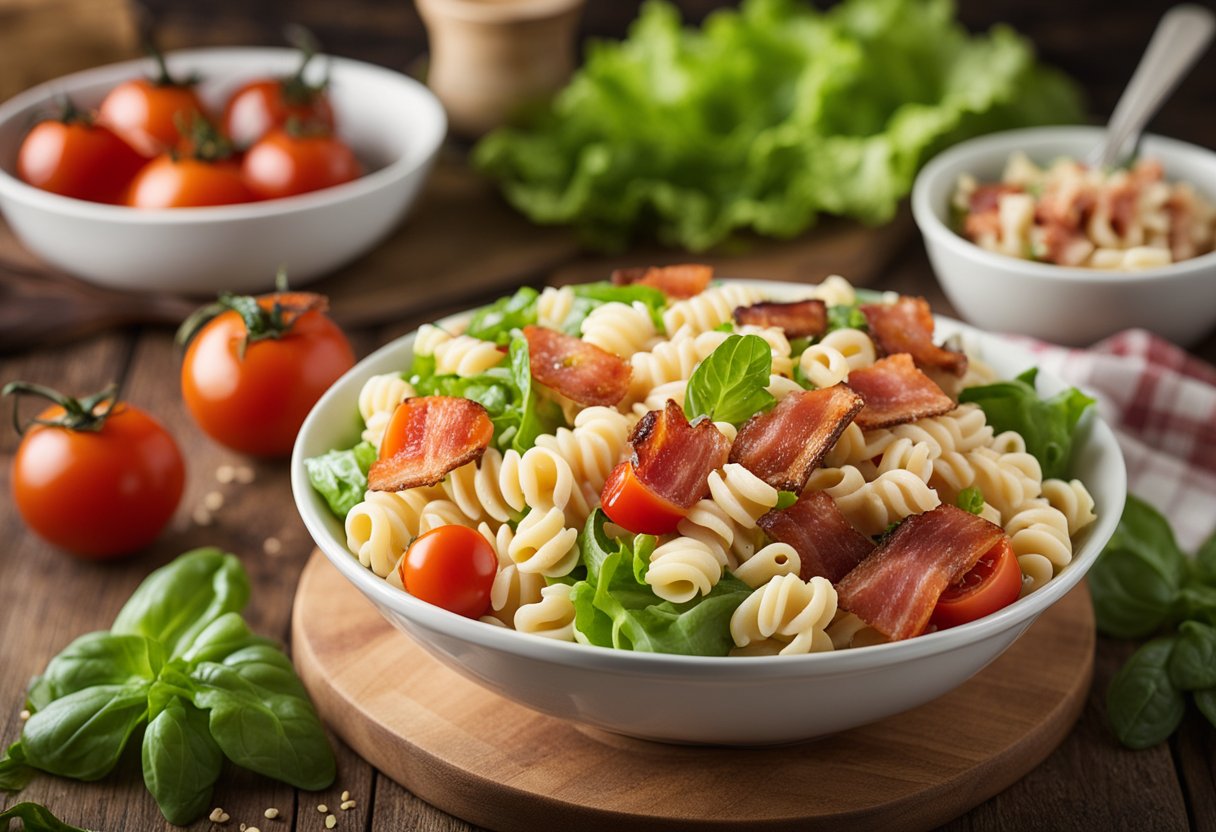 A bowl of BLT pasta salad sits on a wooden table, surrounded by fresh ingredients like crispy bacon, ripe tomatoes, and leafy lettuce