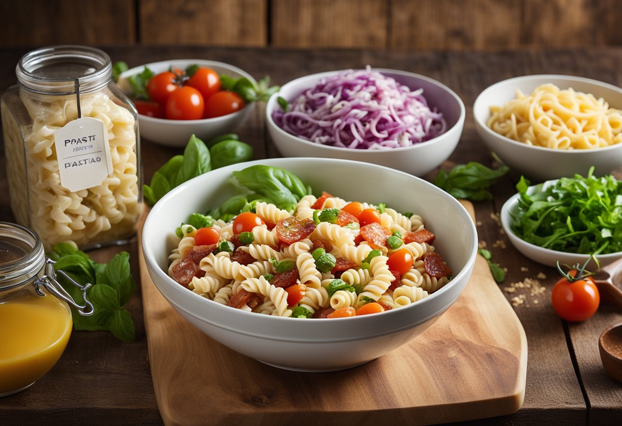 A colorful bowl of BLT pasta salad sits on a wooden table, surrounded by various containers of prepped ingredients and labeled storage containers