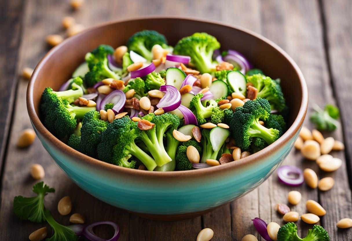 A colorful bowl with fresh broccoli, crispy bacon, chopped red onion, and sunflower seeds, all tossed in a creamy dressing