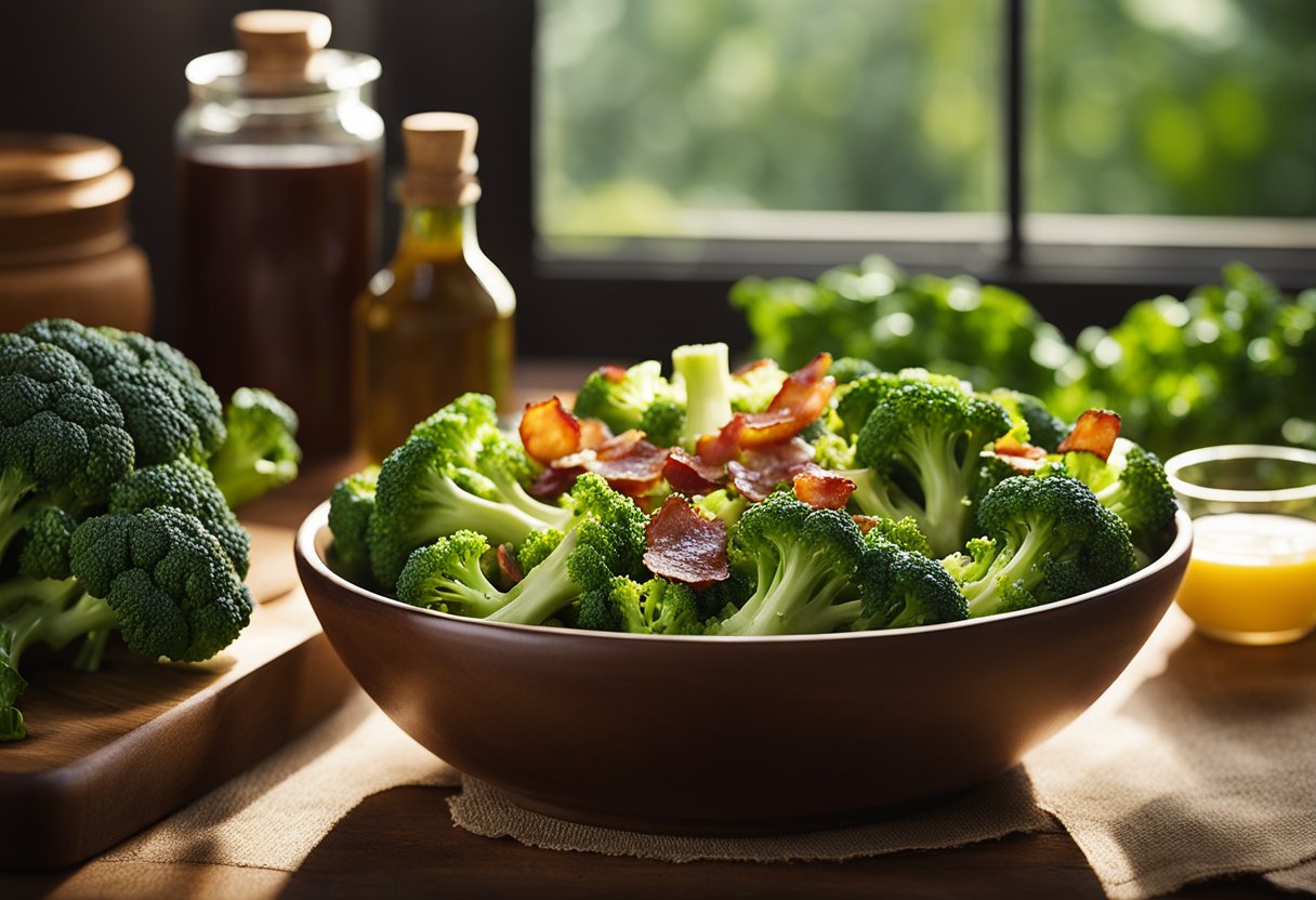 Fresh broccoli, crispy bacon, and tangy dressing in a large bowl. Sunlight streams through a window, casting a warm glow on the ingredients