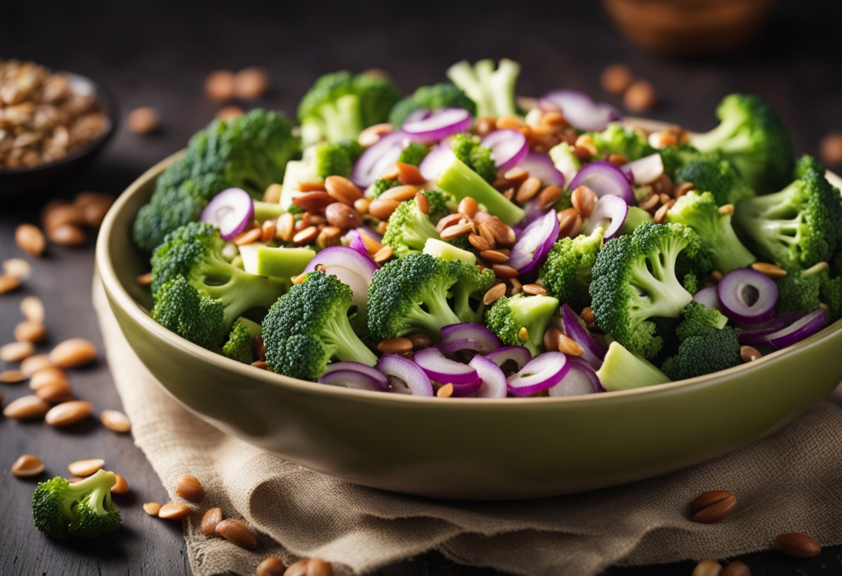 Fresh broccoli, chopped red onion, crispy bacon, and sunflower seeds are tossed in a tangy dressing in a large bowl