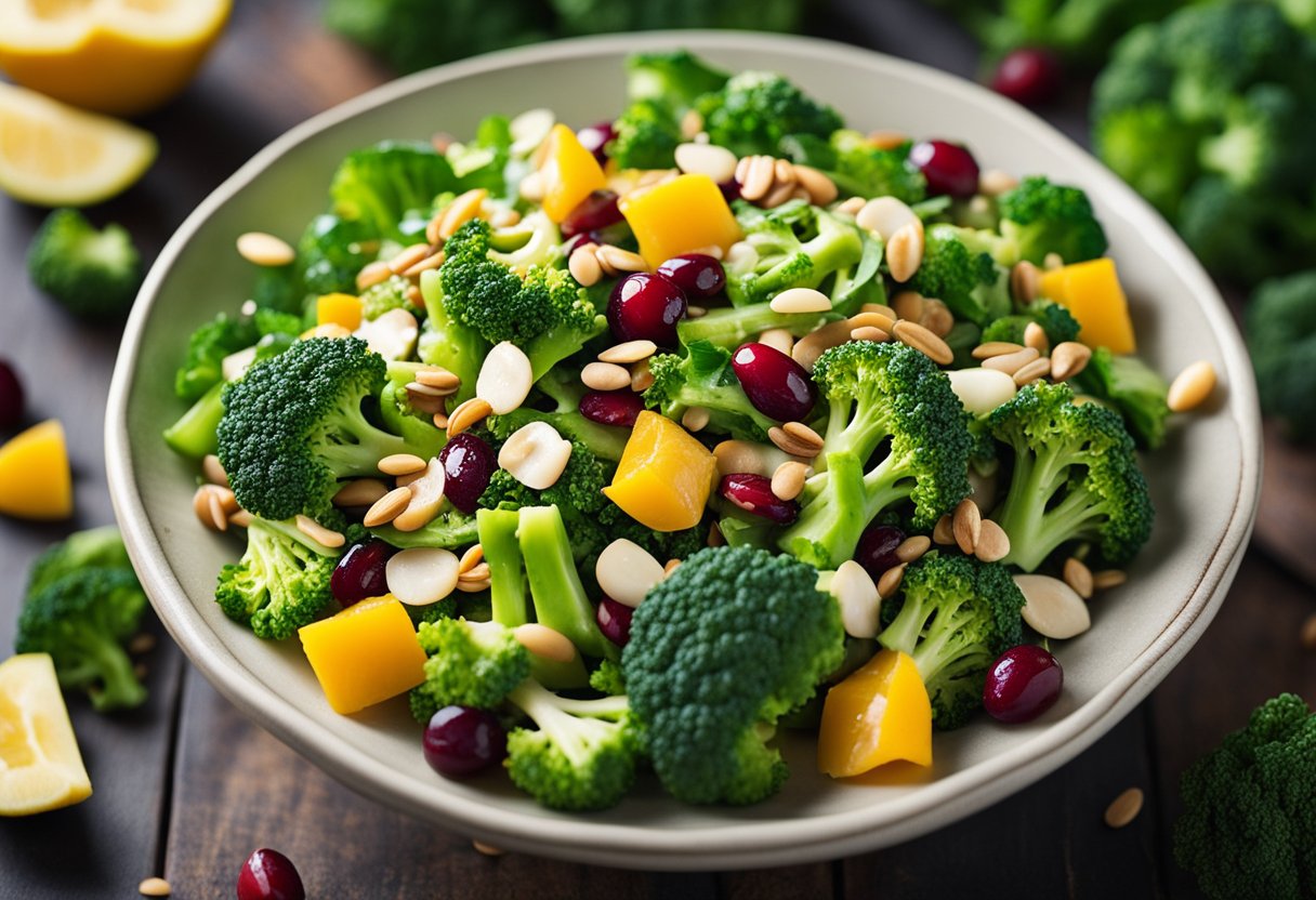 A vibrant bowl of broccoli salad with colorful ingredients, like cranberries and sunflower seeds, topped with a tangy dressing
