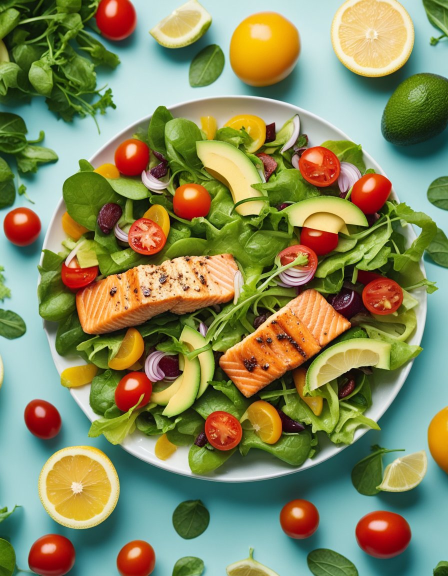 A vibrant salad with honey lemon-glazed salmon, surrounded by colorful mixed greens, cherry tomatoes, and sliced avocado