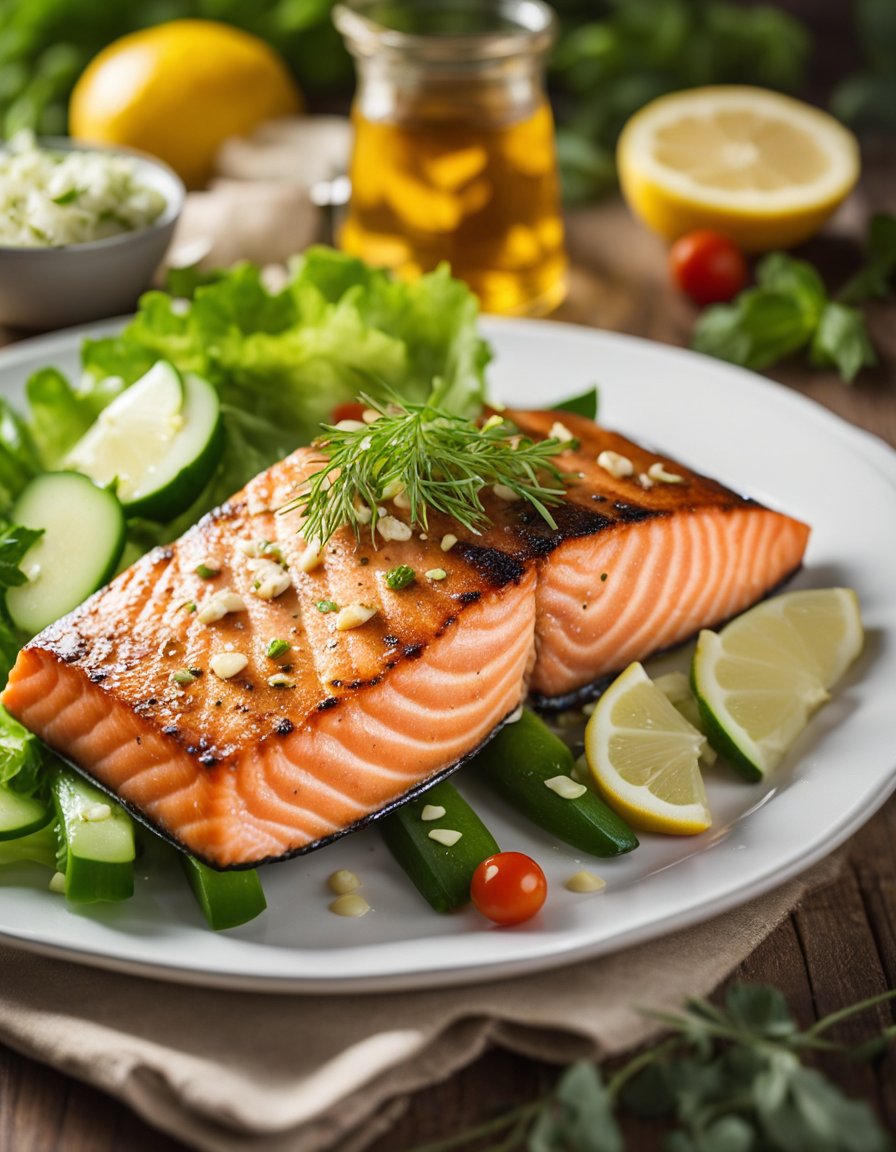 A sizzling salmon fillet is being glazed with honey and lemon, surrounded by fresh salad ingredients like leafy greens, cherry tomatoes, and sliced cucumbers