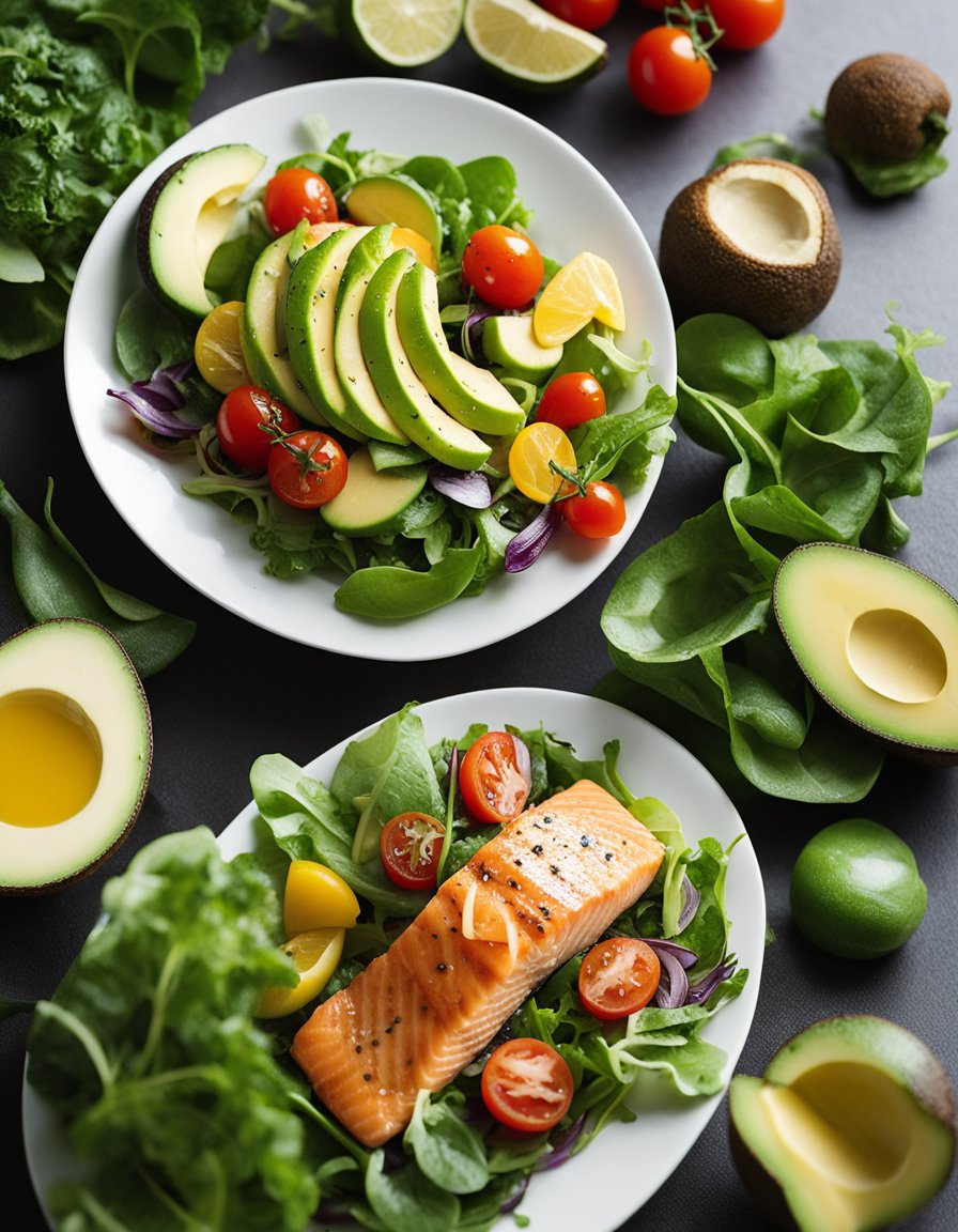 A plate of honey lemon-glazed salmon salad with mixed greens, cherry tomatoes, and avocado slices, drizzled with a light vinaigrette