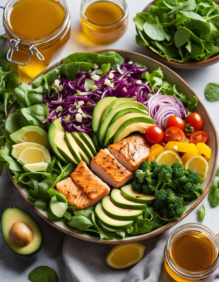 A colorful salad bowl with honey lemon-glazed salmon, mixed greens, cherry tomatoes, and avocado slices, surrounded by jars of honey and leftover ingredients