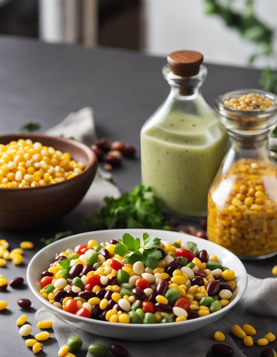 A colorful bowl filled with mixed beans, corn, diced tomatoes, and cilantro. A bottle of dressing sits nearby