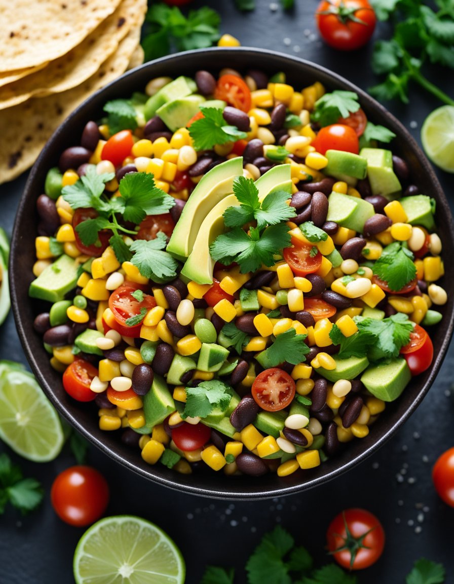 A colorful bowl of mixed beans, corn, tomatoes, and avocado, tossed in a zesty lime dressing, garnished with cilantro and served with tortilla chips